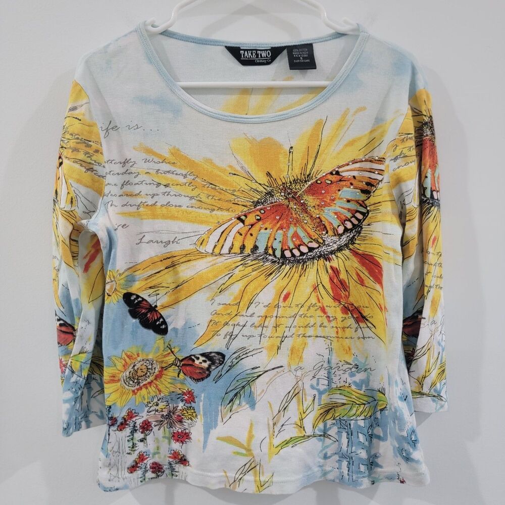 Take Two Womens Top Size Small‎ Butterfly Rhinestone 3/4 Sleeve Floral Cottage